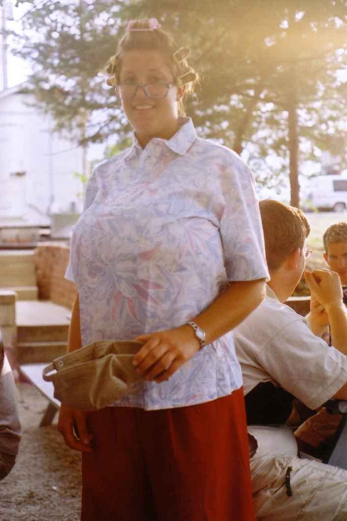 Jess dressed like an old lady at old fart's bingo.