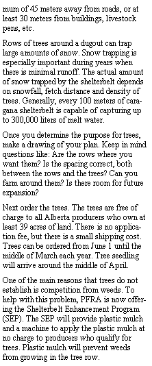 Text Box: mum of 45 meters away from roads, or at least 30 meters from buildings, livestock pens, etc.Rows of trees around a dugout can trap large amounts of snow. Snow trapping is especially important during years when there is minimal runoff. The actual amount of snow trapped by the shelterbelt depends on snowfall, fetch distance and density of trees. Generally, every 100 meters of caragana shelterbelt is capable of capturing up to 300,000 liters of melt water.Once you determine the purpose for trees, make a drawing of your plan. Keep in mind questions like: Are the rows where you want them? Is the spacing correct, both between the rows and the trees? Can you farm around them? Is there room for future expansion?Next order the trees. The trees are free of charge to all Alberta producers who own at least 39 acres of land. There is no application fee, but there is a small shipping cost. Trees can be ordered from June 1 until the middle of March each year. Tree seedling will arrive around the middle of April.One of the main reasons that trees do not establish is competition from weeds. To help with this problem, PFRA is now offering the Shelterbelt Enhancement Program (SEP). The SEP will provide plastic mulch and a machine to apply the plastic mulch at no charge to producers who qualify for trees. Plastic mulch will prevent weeds from growing in the tree row.