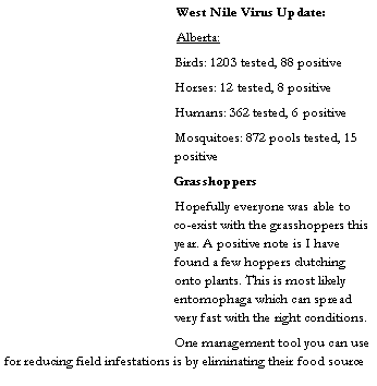 Text Box: West Nile Virus Update:Alberta:Birds: 1203 tested, 88 positiveHorses: 12 tested, 8 positiveHumans: 362 tested, 6 positiveMosquitoes: 872 pools tested, 15 positiveGrasshoppersHopefully everyone was able to co-exist with the grasshoppers this year. A positive note is I have found a few hoppers clutching onto plants. This is most likely entomophaga which can spread very fast with the right conditions.One management tool you can use for reducing field infestations is by eliminating their food source 