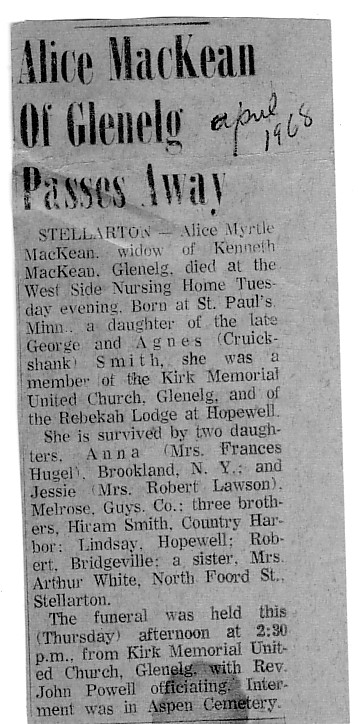Obit for Alice Myrtle MacKean