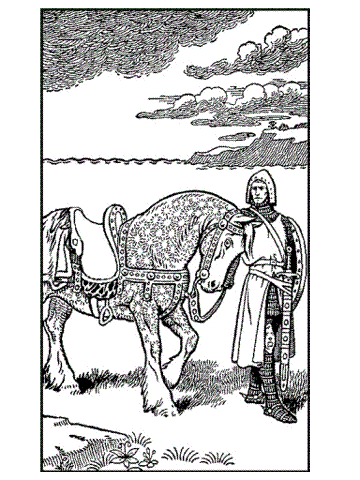 Sir Niles in armor, with his charger.