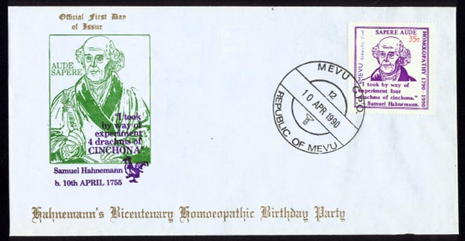 FDC of the 1990 Bicentenary of Homoeopathy stamp.  Click to view a full-size photo.