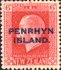 New Zealand sixpence stamp overprinted for Penrhyn Island use (1917).  Click for more information on Penrhyn Island.
