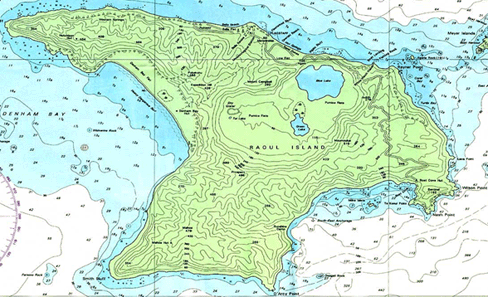 Topographical map of Raoul and surrounding waters.