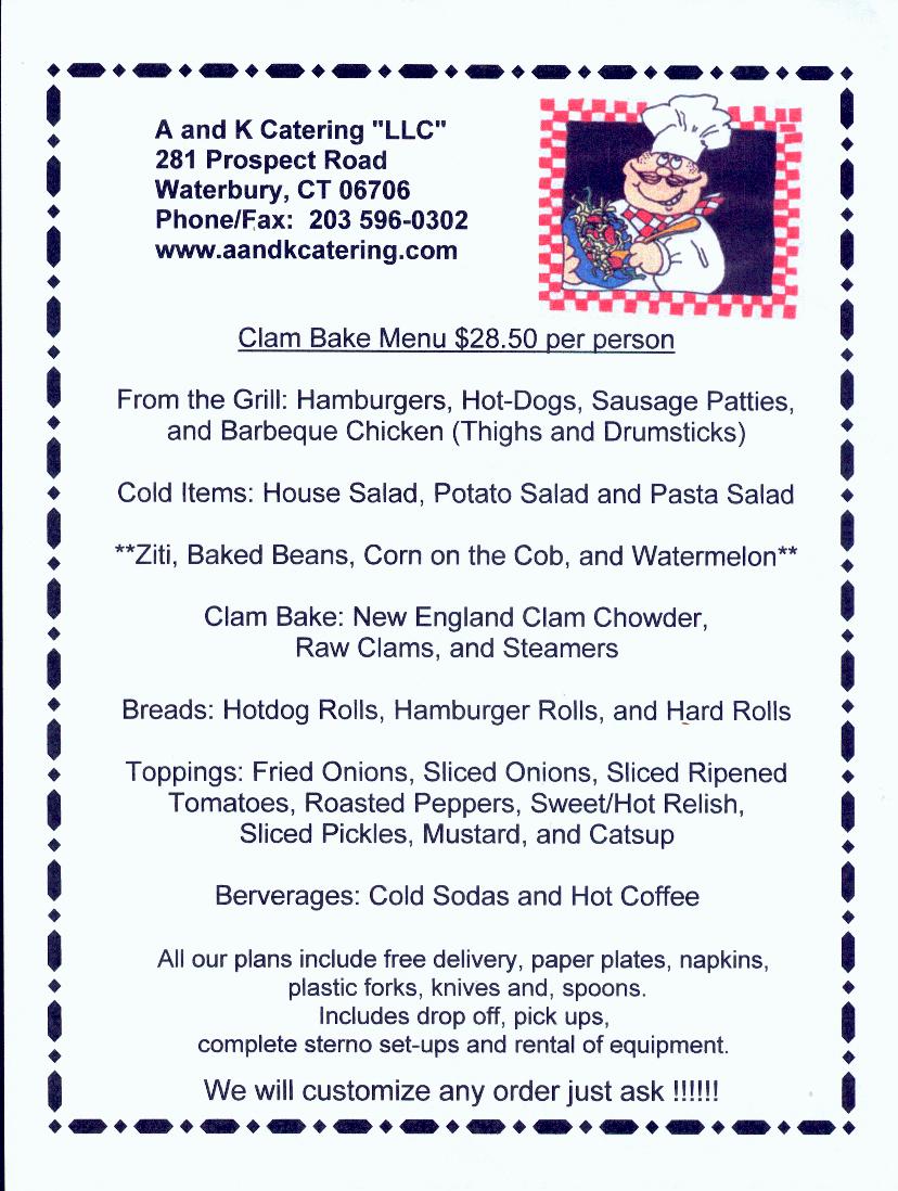 make your selection specialty menus basic shower menu clam bake menu