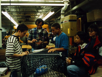 [students working on building lobster pots]