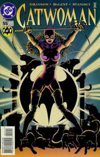 Cover to Catwoman 55, with Selina and her cats in front of the Batsignal