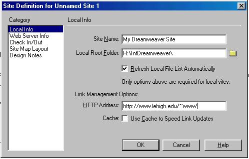 Site Definition Window