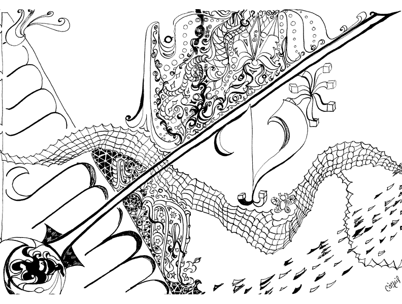 India ink and pen surreal style line art drawing