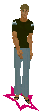 A brown shirt with blue stripes on the sleeves and faded jeans.