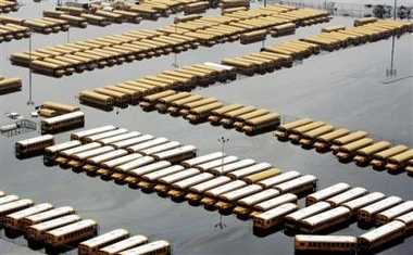 Aerial view of more than 200 buses