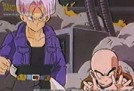 Trunks and Krillin about to release an attack on the not-yet-born Cell