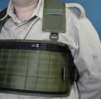 A detail view of the shoulder strap and its disconnecting buckle.