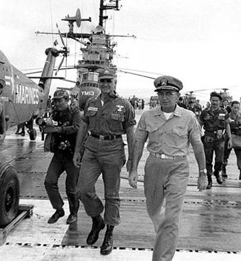 U.S. Army Gen Wm. Westmorland and Vietnamese MajGen Thi flown aboard the USS Princeton by HMM-365 during the flood