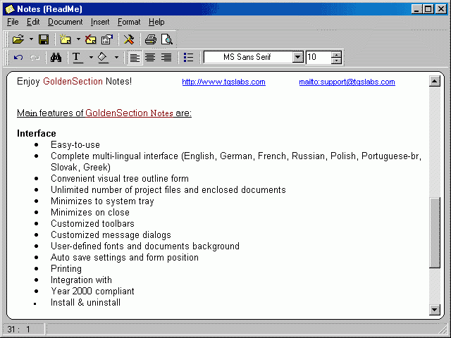 (screenshot Golden Section Notes)