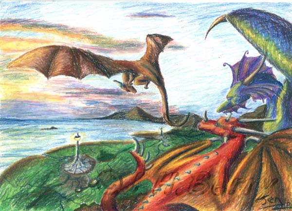 Young dragon flying away while her parents watch