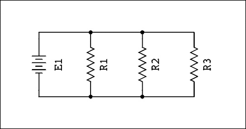 Figure 2.  A parallel circuit, starting at the lower left corner a battery labeled E1 goes up with the positive side at the top.  A resistor labeled R1 connects to the top of the battery.  The other end of the resistor connects to the bottom of the battery.  A second resistor labeled R2 has it's top end connected to the top of the battery.  This resistor is drawn to the right of the first one rather than over it.  The bottom of R2 connects to the bottom of the battery.  A third resistor labeled R3 has one end connected to the top of the battery.  The bottom end of this resistor connects to the bottom of the battery.  This third resistor is drawn to the right of the second one.