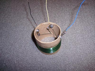 Photo of the finished oscillator coil showing solder lugs.