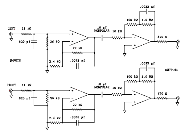  Schematic of phono preamp using 4 op amps.