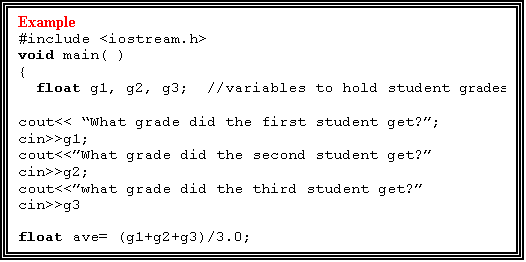 Text Box: Example
#include <iostream.h>
void main( )
{
  float g1, g2, g3;  //variables to hold student grades

cout<< �What grade did the first student get?�;
cin>>g1;
cout<<�What grade did the second student get?�
cin>>g2;
cout<<�what grade did the third student get?�
cin>>g3

float ave= (g1+g2+g3)/3.0;
