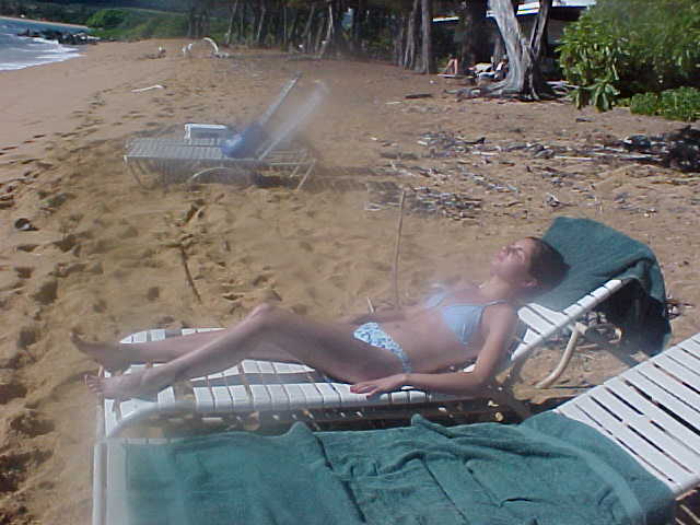 Sarah sunbathing on the beach of Kauai....without her DC  :o(