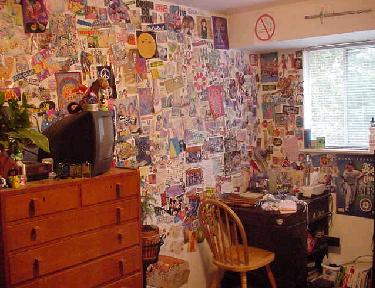 This is the main section of my room. My walls are covered in a collage that I have pieced together from different teenie bopper magazines over a few years.
