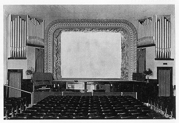 One manual Schuelke organ in the Lexington Theatre, Milwaukee, featuring display pipes by Jerome B. Meyer. The pipes on the right are dummies installed for symmetry. --from The Encyclopedia of the American Theatre Organ