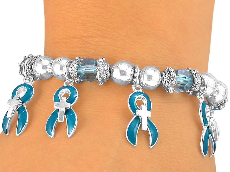 Teal Ribbon Charm for Ovarian & Cervical Cancer and Myasthenia Gravis Awareness Stretch Bracelet
