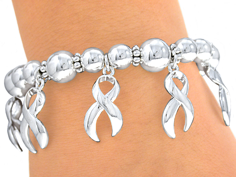 Silver Ribbon Charm Awareness Stretch Bracelet for Parkinson's Disease and Vacterl/TOF