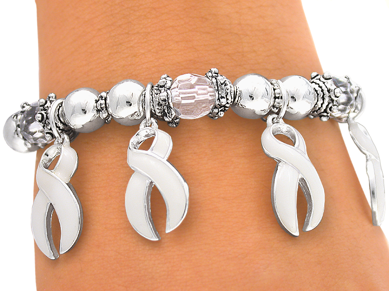Pure White Ribbon Charms Alzheimer's or Diabetes Awareness Stretch Bracelet