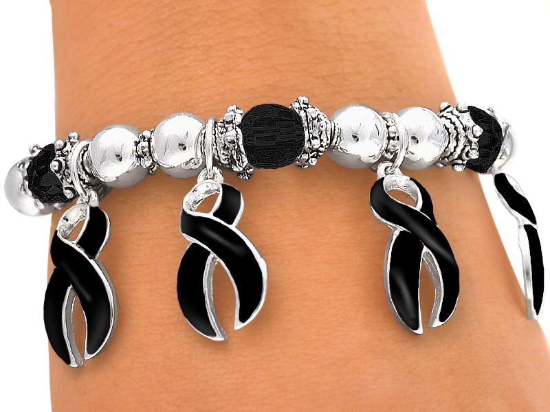 Black Ribbon Charm Melanoma Awareness Stretch Bracelet