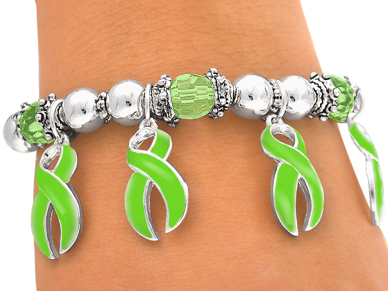 Lime Green Ribbon Charm for Muscular Dystrophy, Lymphoma Awareness Stretch Bracelet
