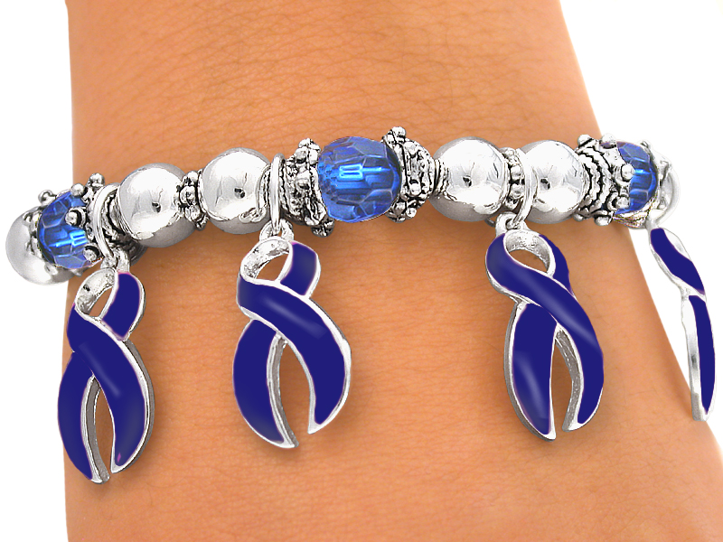 Sapphire Blue Ribbon Charm Colon or Prostate Cancer Awareness Stretch Bracelet