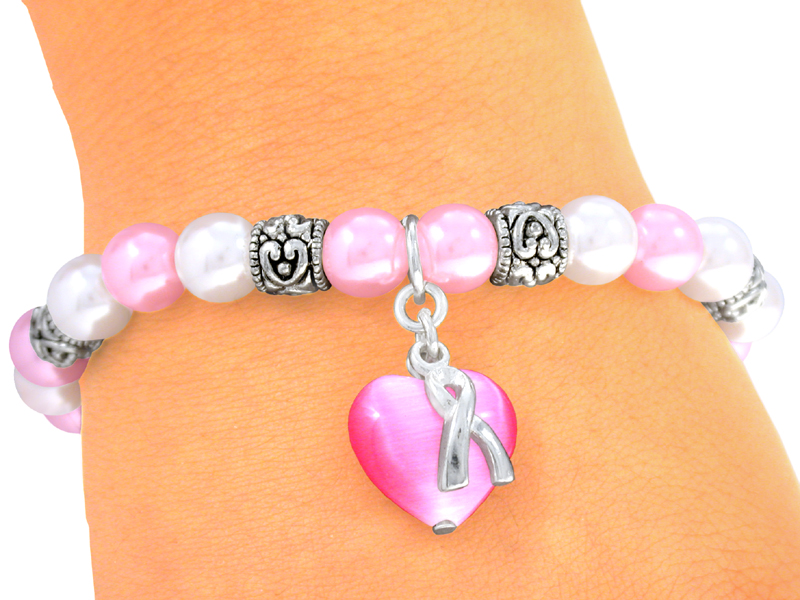Pink Faux Pearl Breast Cancer Awareness Stretch Bracelet with a Pink Cat's Eye Heart
