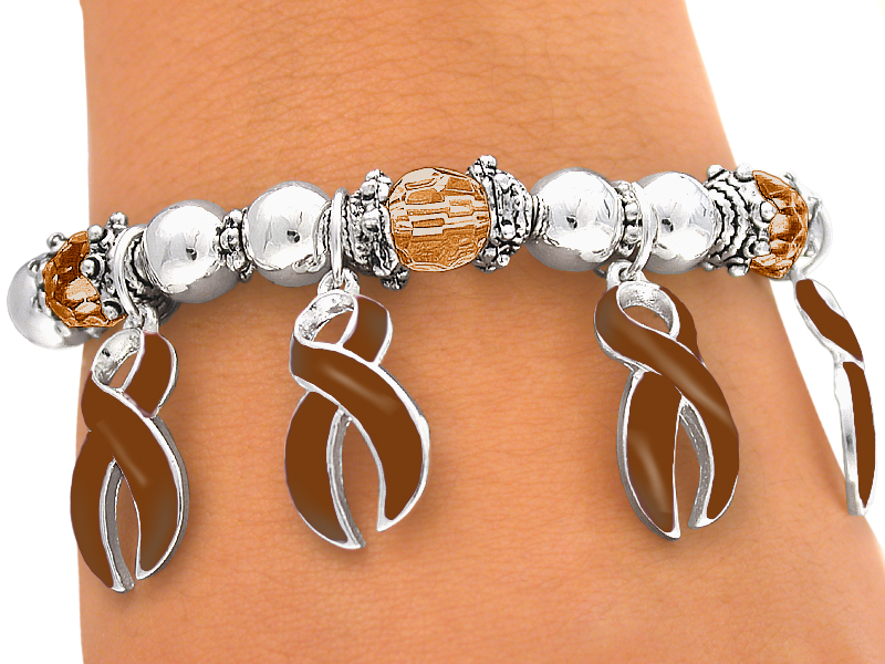 Brown Ribbon Charm Colorectal Cancer Awareness Stretch Bracelet