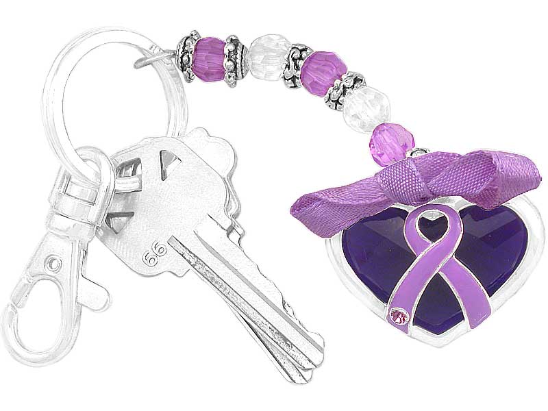 General Cancer, Pancreatic Cancer, Crohn's Disease, Colitis, Cystic Fibrosis, Hodgkin's Disease and Fibromyalgia Purple Faceted Heart and Ribbon Key Chain