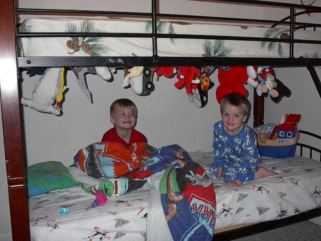 Tristin and Gareth and their stuffed animal collection