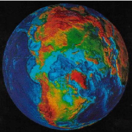 A contemporary topographical 'Dry Earth' image of the northern hemisphere from the May 1991 publication of Scientific American. Look closely at the polar region centered on Greenland and compare it with the above line art map of Atlantis published by Athanasius Kircher.