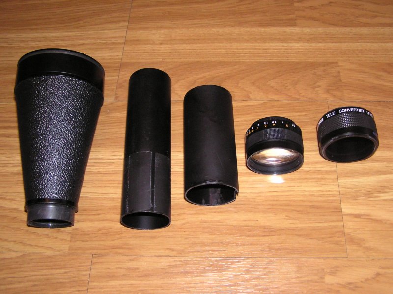 This shot shows the parts I used to make my homebrew Bazooka 5.5x teleconverter