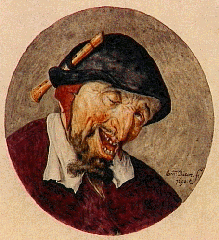 'Karikatuur van een man met een luit op zijn hoed' (1690), gouache, Cornelis Dusart (1660-1704). Bevindt zich in Den Haag (Eenhoorn collectie)