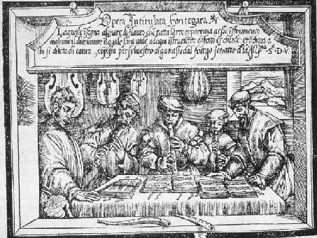 Titelpagina van 'La Fontegara' (1535), houtsnede, Silvestro Ganassi del Fontego.
