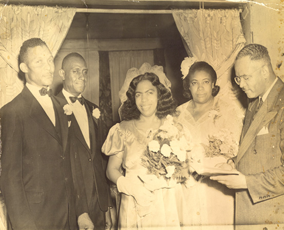 L to R: Carl Miller, unidentified best man, Lovie Johnson, Lucille Johnson, Rev. Mills G. Skinner--Shiloh A.M.E. Zion Church on Staten Island (I believe)