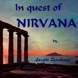 Title page: IN QUEST OF NIRVANA. View of a colorful sunset on a Greek Island