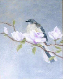Oil Painting of Blue Jay and Magnolia Blossoms