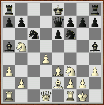     The actual game position, after 13...Qe7. (kvsdb1_txt1-pos1.gif, 24 KB)   