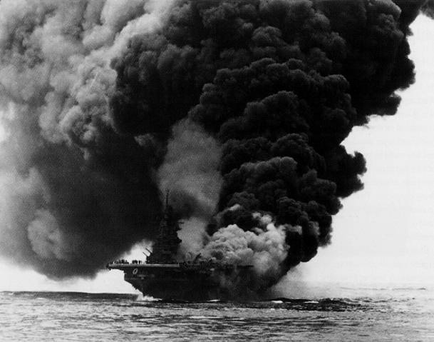 USS 'Bunker Hill' burning after being hit by a kamikaze aircraft - 11 May  1945