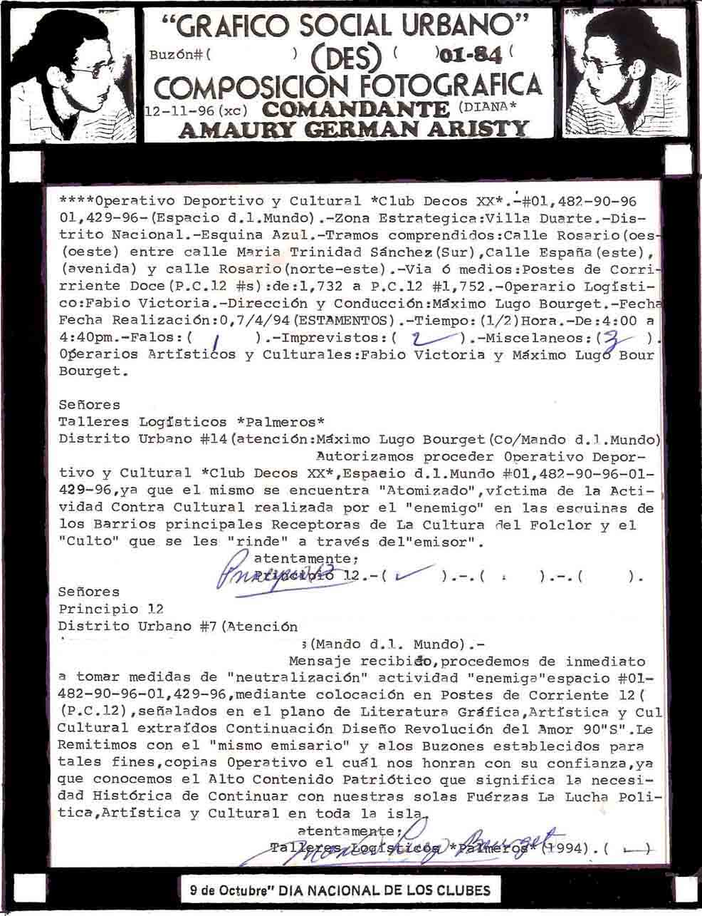 CULTURAL OPERATIONS OFFICE "CLUB DECOS XX" - # 01.482-90-96-01,429-96 - (SPACE D.1.MUNDO)-AREA STRATEGIC: VILLA DUARTE-SANTO DOMINGO (EAST)., ESQUNA BLUE-SECTIONS COVERED: ROSARIO STREET - (WEST)-BETWEEN TRINIDAD SANCHEZ MARIA STREET - (SUR)-SPAIN-STREET (EAST) - (AVE)-STREET: ROSARIO (NORTH-EAST)-WAY OR MEDIA: CURRENT POST JANUARY 12, # 1,732 to # 1,752-DATE PERFORMANCE :0,7-04-1994-/ (estates)-TIME PERFORMANCE: 1/2 TIME-IN: 4:00 PM TO 4:40 PM-phalluses (1)-CONTINGENCY (2)-MISCELLANEOUS ( 3)-OPERATORS OF ACTION: VICTORIA FABIO SERRA AND MAX LUGO.-1983-1984.