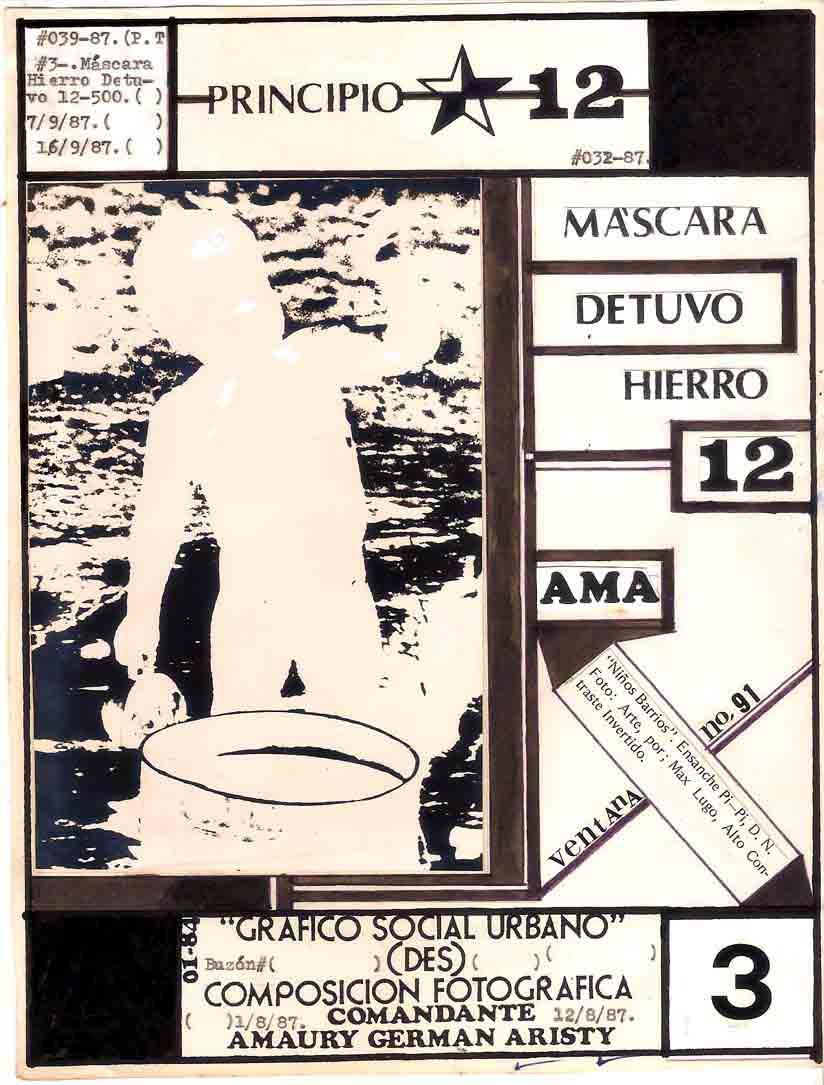 91.- Photo= Art-by: = Lote bass expressed (Rock ligion): "Children neighborhoods in pursuit of liquid - (water), Ensanche Pi-Pi-San Carlos,D. N. - White and Black - Optic: Optica : 90 mm -230mm-format : 35: 4- x 8-long throw vertical-Urban Signals No. 010-is about a very dangerous conclicion and No. 25-Not pedestrians-1984.