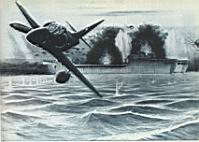 El ataque de la Fuerza A�rea Argentina a los buques de desembarco ingleses "Sir Galahad" y "Sir Tristram",seg�n el cuadro pintado por el capit�n (Res. ) Ezequiel Mart�nez.