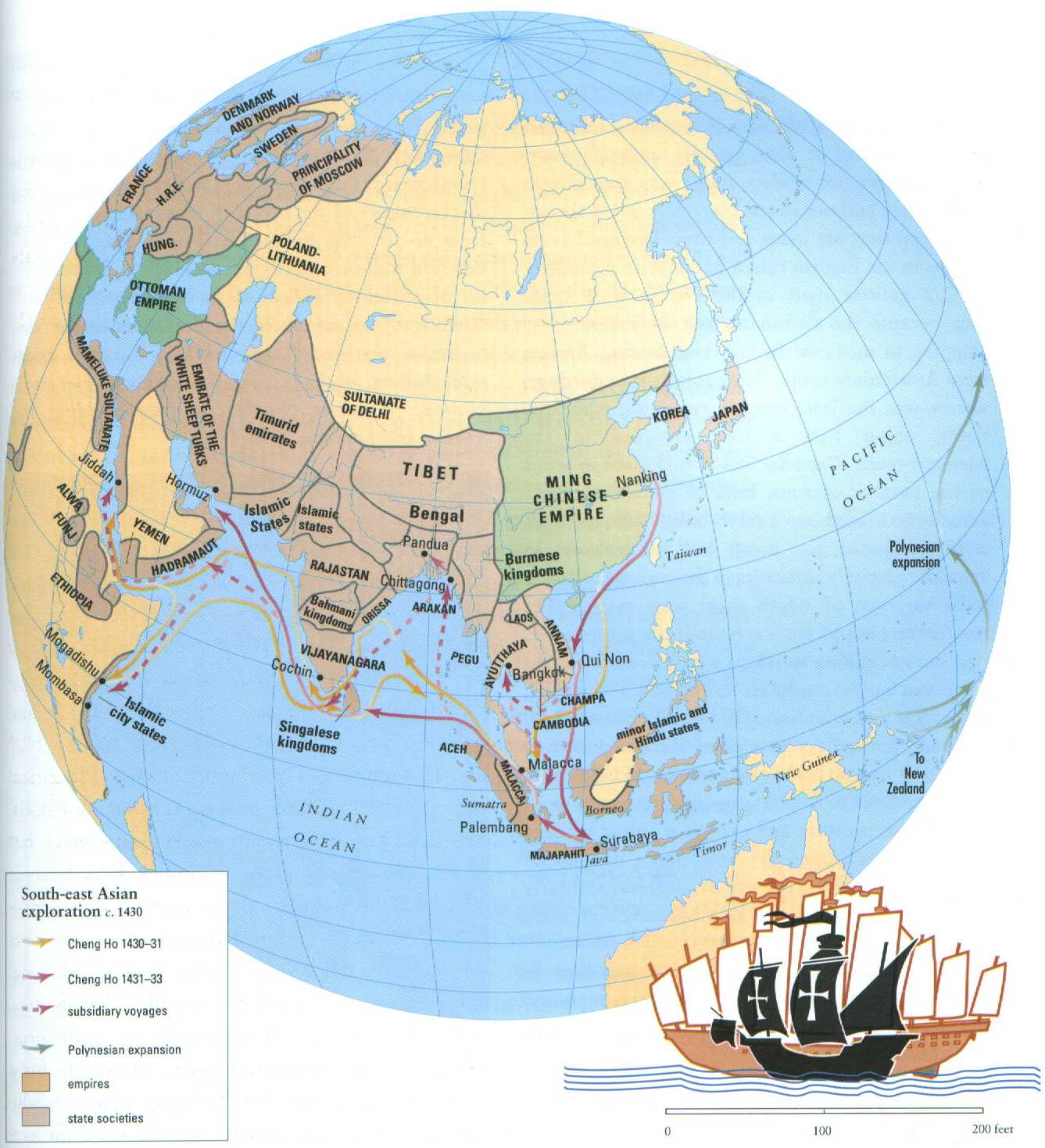 SOUTH-EAST ASIAN EXPLORATION - Ming China's brief flirtation with overseas expansion provides unequivocal evidence of the remarkable competence of Chinese shipwrights, navigators and sailors. Chinese mariners had long traded in the same waters without official sanction, but seafarers ranked low in the Confucian social heirarchy and received little attention from court historians and chroniclers. The inset shows an early sixteenth-century Portuguese nao silhouetted against a nine-masted Ming treasure ship.